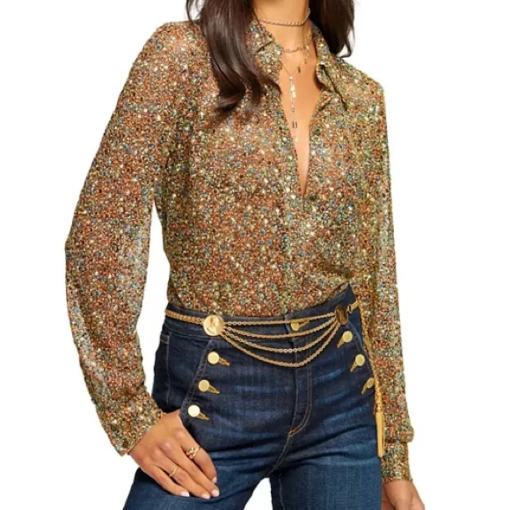 Ramy Brook Tien Magical Speckled Jacquard Embroidered Sheer Multicolor Blouse - Picture 11 of 13